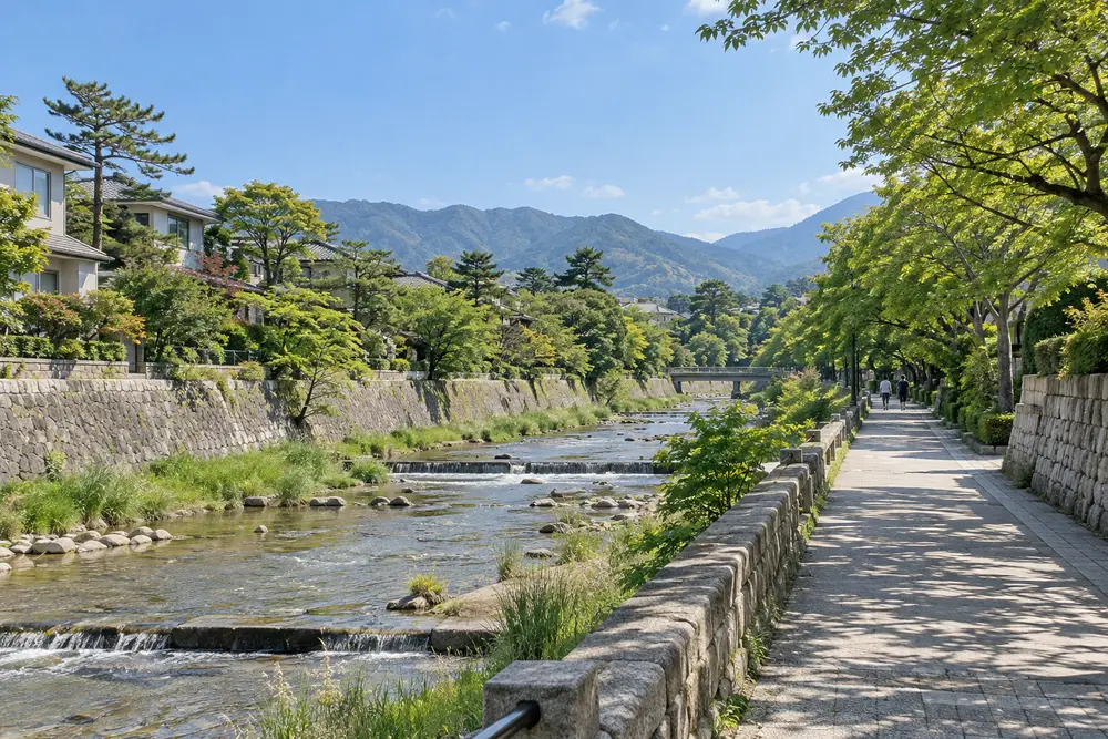 休日の川沿いの遊歩道